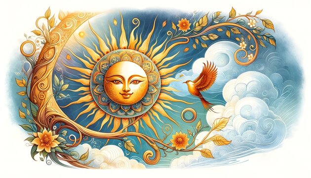 Illustration of the sun with a happy face in watercolor style for sinhala new year celebration.