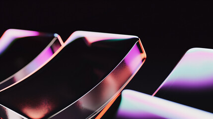 A series of curved, shiny, colorful shapes are displayed in a black background. AI.