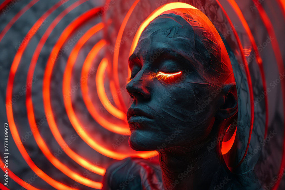 Poster A faceless being with a glowing eclipse for a mind, set against a backdrop of flowing neon ridges. 3