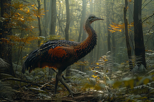 The massive Gastornis, or Diatryma, an imposing bird from the Eocene epoch, wandering primordial for