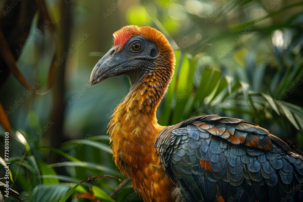 Poster a lone dodo bird rendered in a hyper-realistic style, standing in the lush forests of mauritius. 35-