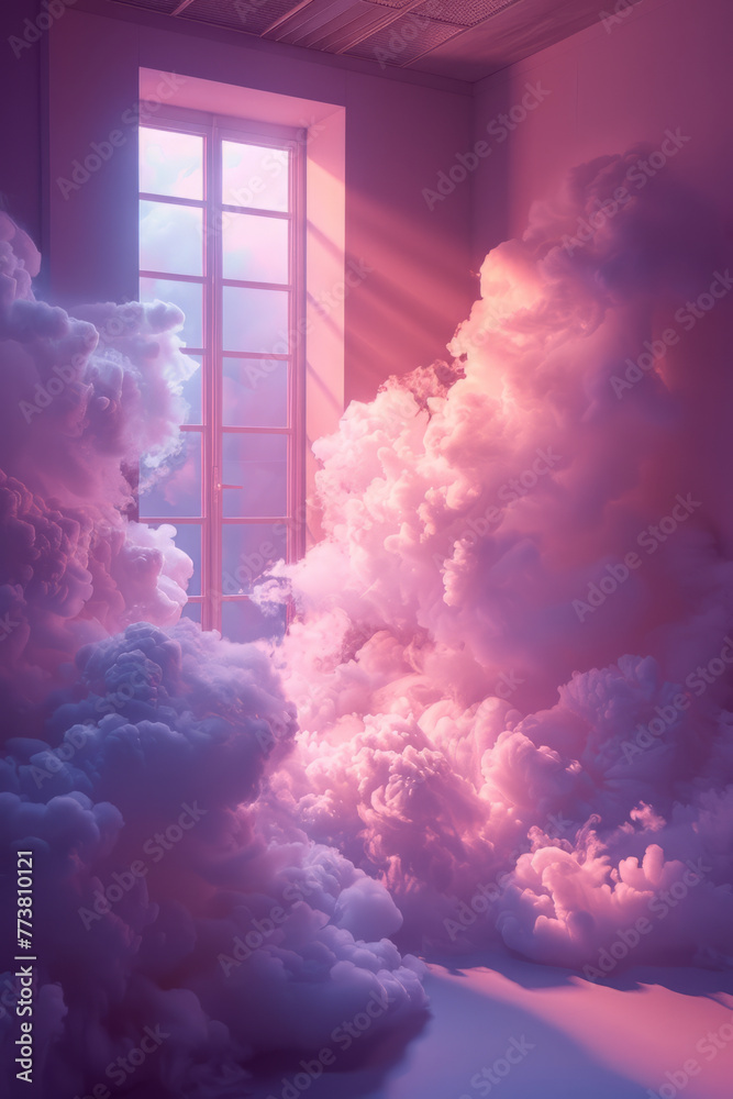 Poster a minimalist set for a photoshoot with a surreal touch, clouds emitting a gentle radiance, against a