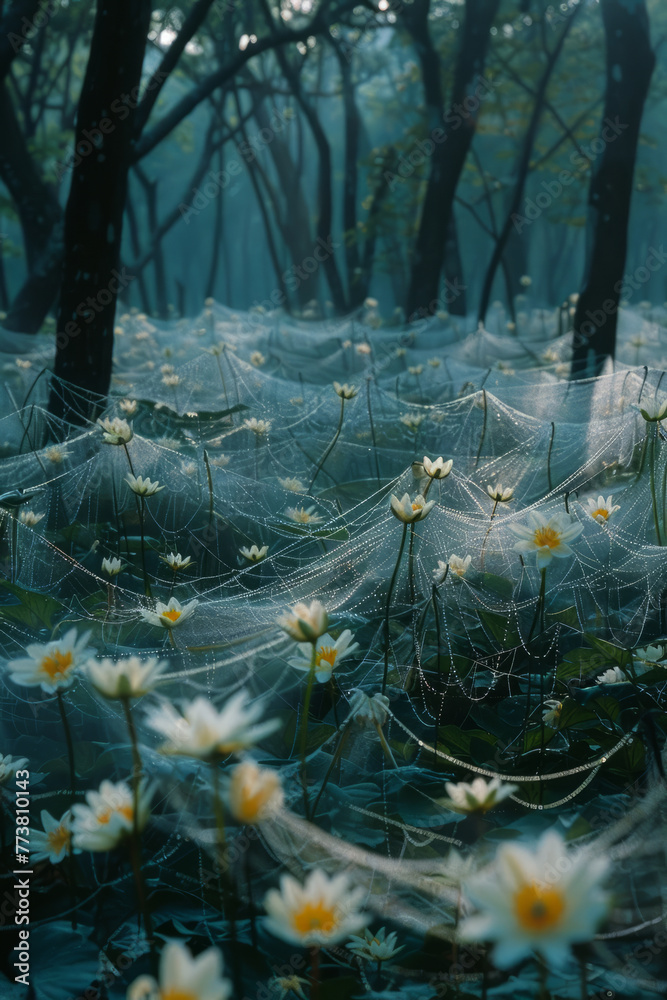 Poster a network of spider lily webs, each node a flower acting as a natural surveillance system, protectin