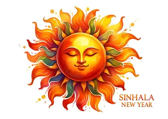 Gardinen Watercolor style illustration of a stylized sun with a calm face to celebrate the sinhala new year. © Milano