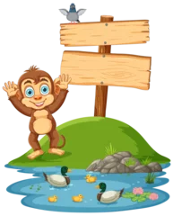 Poster Happy monkey with ducks and signpost illustration © GraphicsRF