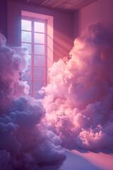 A minimalist set for a photoshoot with a surreal touch, clouds emitting a gentle radiance, against a