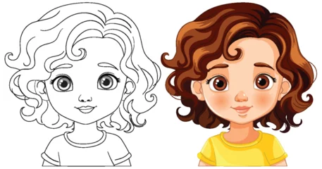 Fotobehang Black and white and colored vector illustrations of a girl © GraphicsRF