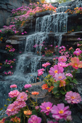Fototapeta na wymiar A cascade of exotic flowers along a cliffside, each blossom a tiny amphitheater for fairy-like digit