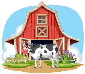 Crédence de cuisine en verre imprimé Enfants Vector illustration of a cow outside a red barn.
