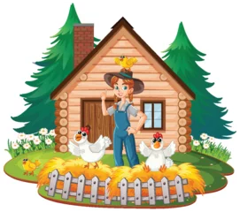 Foto auf Acrylglas Illustration of a farmer with chickens outside a cabin. © GraphicsRF
