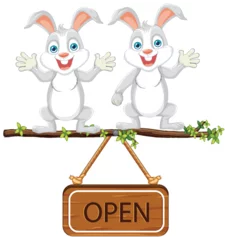 Rolgordijnen Two cartoon rabbits holding an 'Open' sign. © GraphicsRF