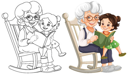 Colorful and line art of grandma reading with child.