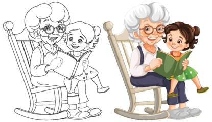 Foto op Canvas Colorful and line art of grandma reading with child. © GraphicsRF