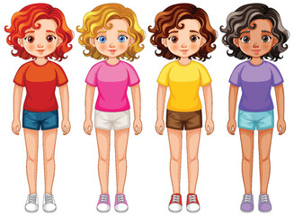 Four cartoon girls with different hairstyles and clothes