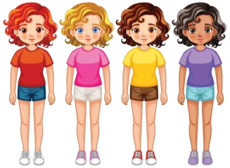 Zelfklevend Fotobehang Kinderen Four cartoon girls with different hairstyles and clothes