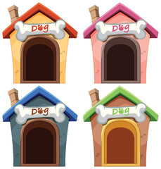 Four vibrant dog houses with bone decorations.
