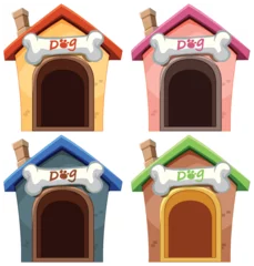 Foto op Plexiglas Kinderen Four vibrant dog houses with bone decorations.