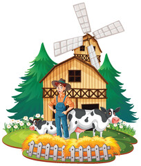 Illustration of a farmer with cows near a windmill.