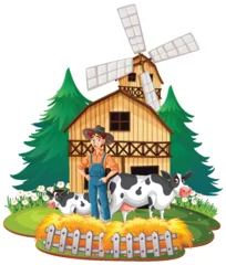 Papier Peint photo Lavable Enfants Illustration of a farmer with cows near a windmill.