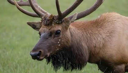 Naklejka na ściany i meble A Close Up Of An Elks Muzzle Wet With Dew From T