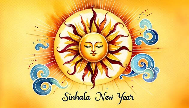 Watercolor illustration of the sun with a face for sinhala new year celebration.