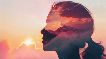 Double exposure combines a woman's face and high mountains at sunset. Panoramic view