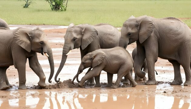 A Group Of Elephants Playing In A Mud Puddle  3