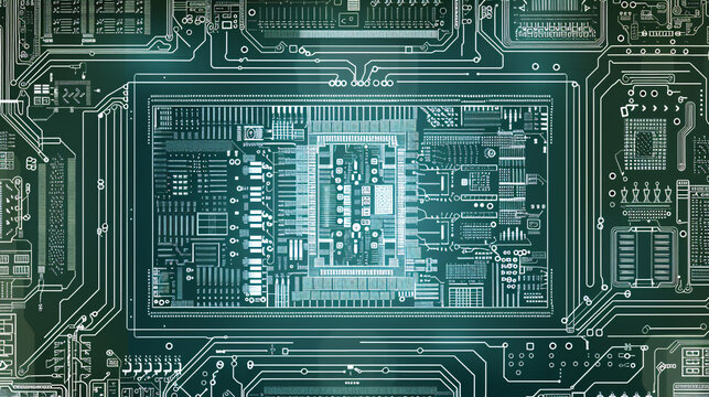 overhead view of a modern, detailed, realistic multi core processor architecture blueprint