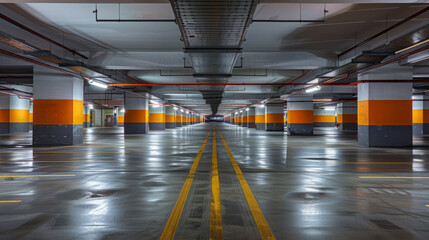Empty shopping mall underground parking lot or garage interior with concrete stripe painted columns