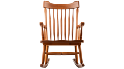 A classic wooden rocking chair gracefully sitting on a white background