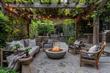Inviting garden patio with fire pit and string lights - obrazy, fototapety, plakaty