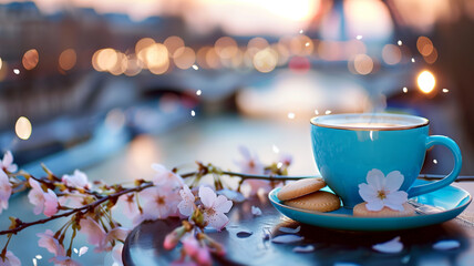 croissant with a cup of coffee on the background of Paris and blooming apple flowers. croissant with a cup of coffee on the background of a contour light and an urban landscape  - obrazy, fototapety, plakaty