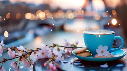 Gordijnen croissant with a cup of coffee on the background of Paris and blooming apple flowers. croissant with a cup of coffee on the background of a contour light and an urban landscape  © Marina