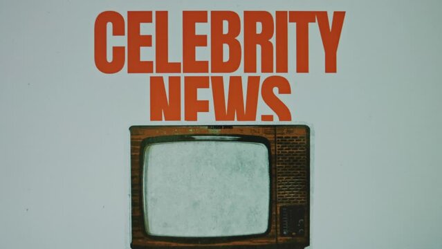 Celebrity news inscription on grey background. Graphic presentation with image of vintage TV with VHS effect. Entertainment concept