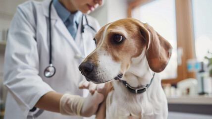 the veterinarian examines the dog at the clinic. The dog is afraid of the veterinarian at the clinic
