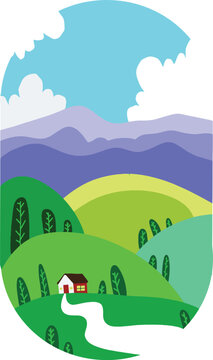 PrintA small, cozy house sits alone in a lush green valley, with rolling hills and mountains in the distance. Flat illustration design.