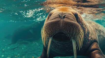Portrait of walrus swimming