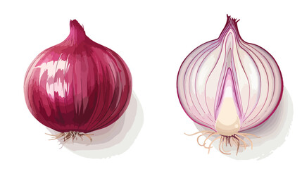 Red whole and half of onion. Useful vegetable. Isolate