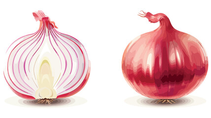 Red whole and half of onion. Useful vegetable. Isolate
