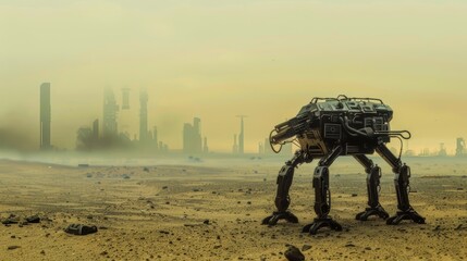A futuristic quadruped robot in a desert landscape with a hazy city skyline