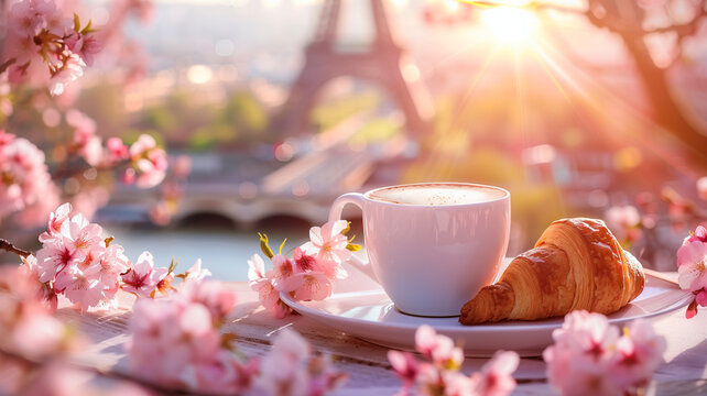 croissant with a cup of coffee on the background of Paris and blooming apple flowers. croissant with a cup of coffee on the background of a contour light and an urban landscape 