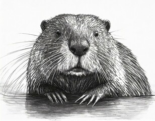Pencil drawing of an American beaver isolated against a white background