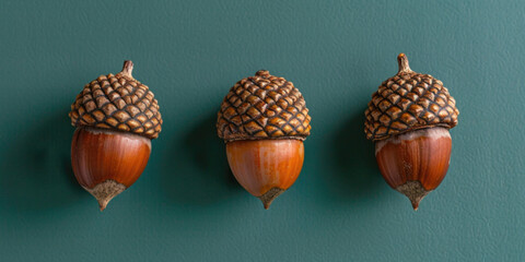 Top view of three oak acorn nuts on studio green background. Nature simplicity concept