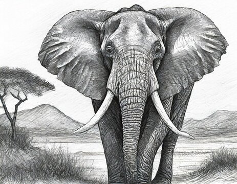 Pencil drawing of a large African elephant isolated against a white background