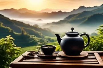 Sierkussen Black tea infuser tea against a background of green tea plantations and mountains. With copy space © Margarita