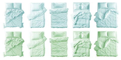  2 Collection set of pastel green turquoise blue blank blanket, pillows, comforter duvet bedding double king queen single bed top view on transparent cutout, PNG file. Many design. Mockup template - obrazy, fototapety, plakaty