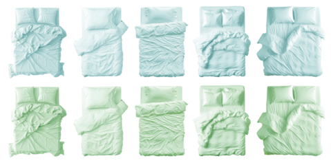  2 Collection set of pastel green turquoise blue blank blanket, pillows, comforter duvet bedding double king queen single bed top view on transparent cutout, PNG file. Many design. Mockup template