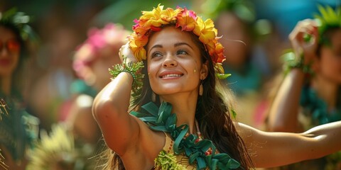 Hula dancer performing at a Hawaiian festival