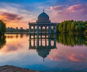 A serene lake mirrors the vibrant colors of the Eid ul Azha sky, offering a tranquil setting for reflection and prayer. - obrazy, fototapety, plakaty