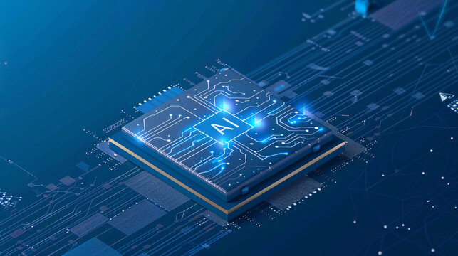 3d view of an ai processor with glowing lights and city like architecture 